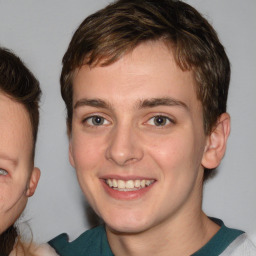 Joyful white young-adult male with medium  brown hair and brown eyes