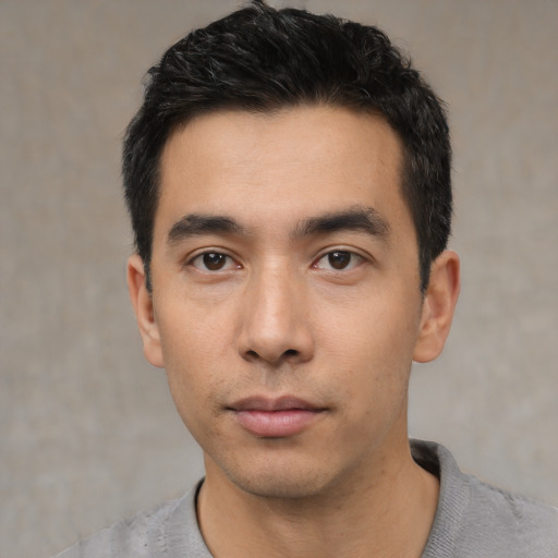 Neutral asian young-adult male with short  black hair and brown eyes