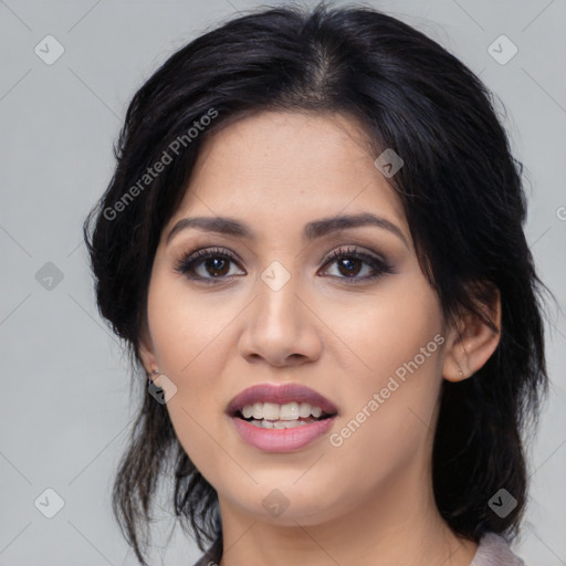 Joyful asian young-adult female with medium  black hair and brown eyes