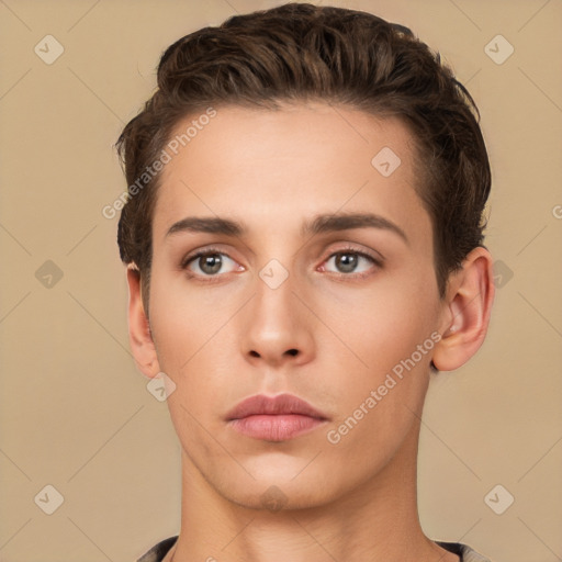 Neutral white young-adult male with short  brown hair and brown eyes