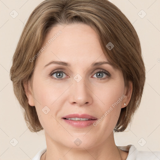 Joyful white young-adult female with medium  brown hair and green eyes