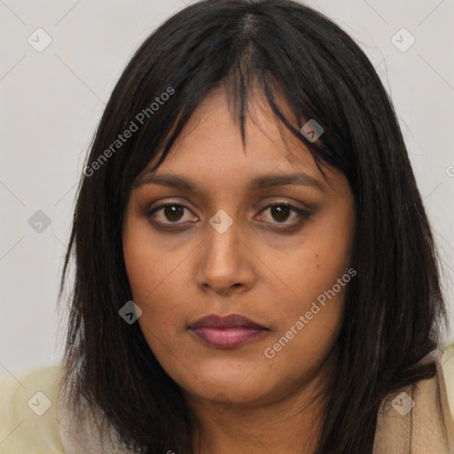 Neutral asian young-adult female with long  brown hair and brown eyes