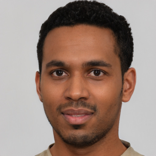 Neutral black young-adult male with short  black hair and brown eyes