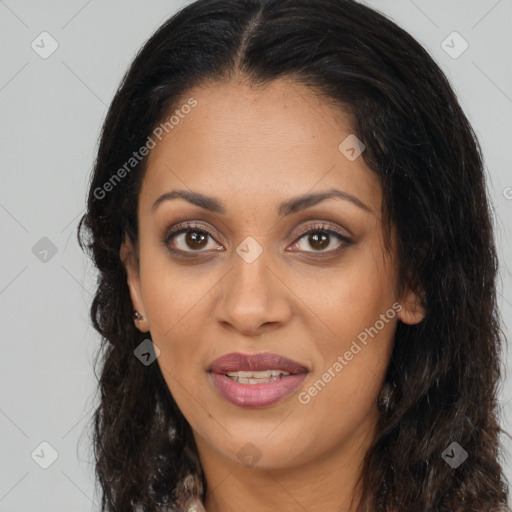 Joyful latino young-adult female with long  brown hair and brown eyes
