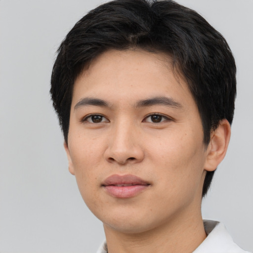 Neutral asian young-adult female with short  brown hair and brown eyes