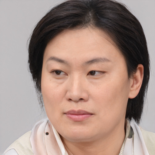 Joyful asian adult female with medium  brown hair and brown eyes