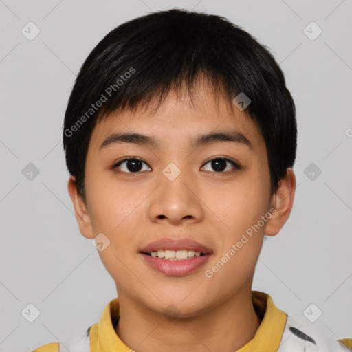 Joyful asian young-adult female with short  black hair and brown eyes