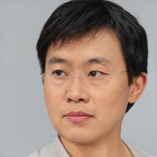Joyful asian adult male with short  black hair and brown eyes