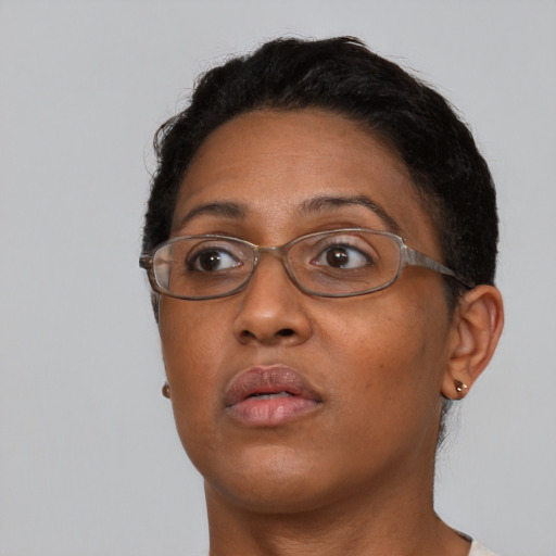 Neutral asian adult female with short  brown hair and brown eyes