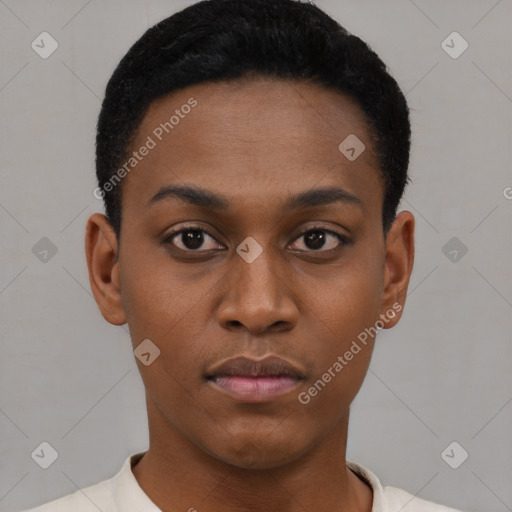 Neutral black young-adult female with short  black hair and brown eyes