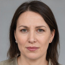 Joyful white adult female with medium  brown hair and grey eyes