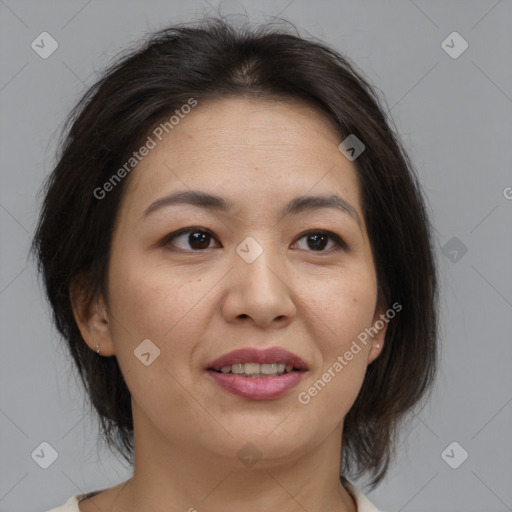 Joyful white adult female with medium  brown hair and brown eyes