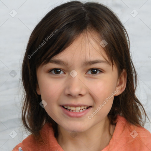 Joyful white child female with medium  brown hair and brown eyes