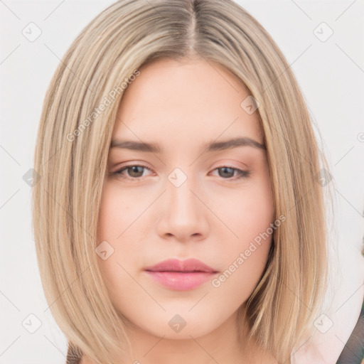 Neutral white young-adult female with long  brown hair and brown eyes