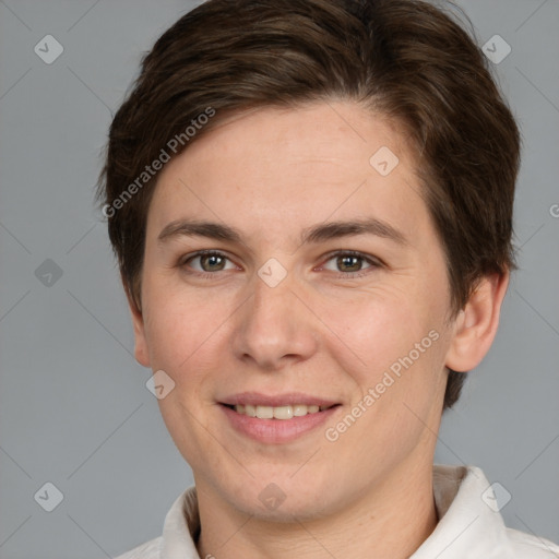 Joyful white young-adult female with short  brown hair and brown eyes