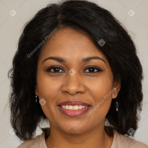 Joyful black young-adult female with medium  brown hair and brown eyes