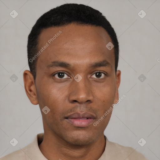 Neutral black young-adult male with short  black hair and brown eyes