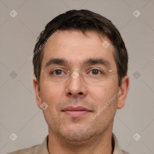 Neutral white adult male with short  brown hair and brown eyes