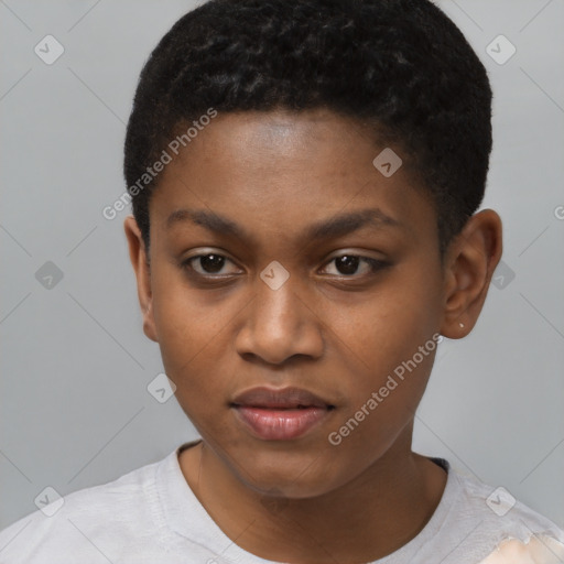 Neutral black young-adult female with short  black hair and brown eyes