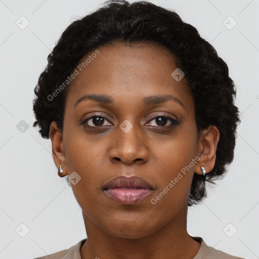 Neutral black young-adult female with short  black hair and brown eyes