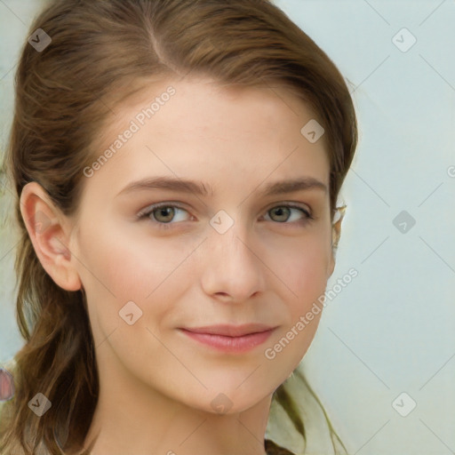 Joyful white young-adult female with long  brown hair and green eyes