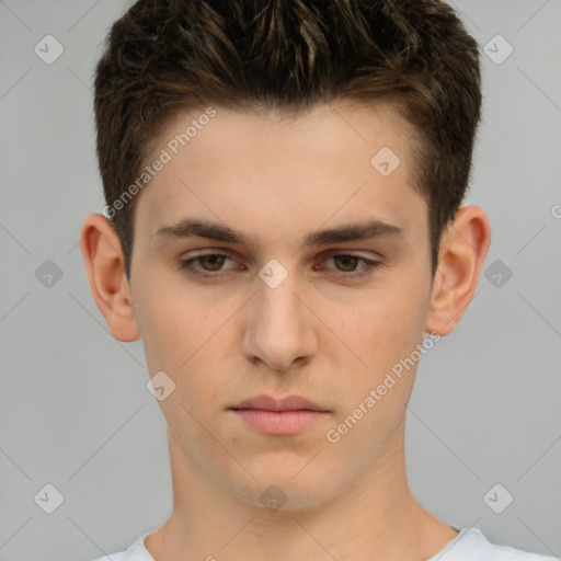 Neutral white young-adult male with short  brown hair and brown eyes