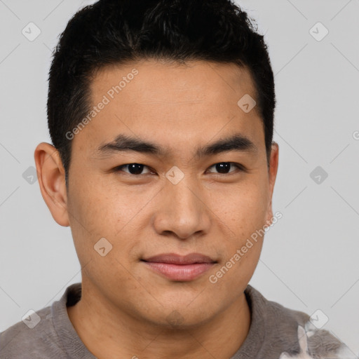 Joyful latino young-adult male with short  brown hair and brown eyes