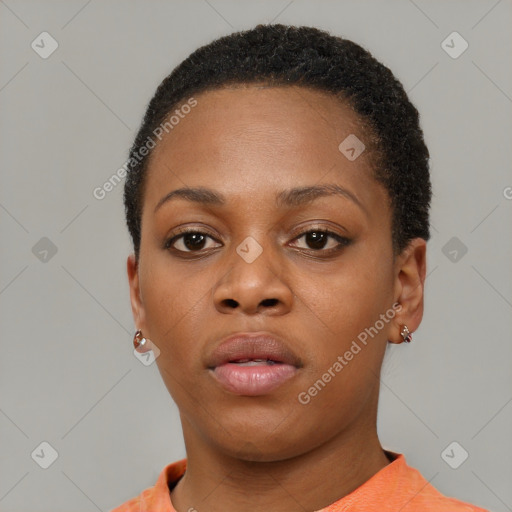 Neutral black young-adult female with short  brown hair and brown eyes