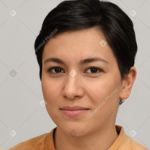 Joyful white young-adult female with short  brown hair and brown eyes