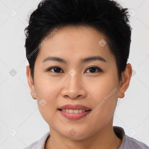 Joyful asian young-adult female with short  brown hair and brown eyes