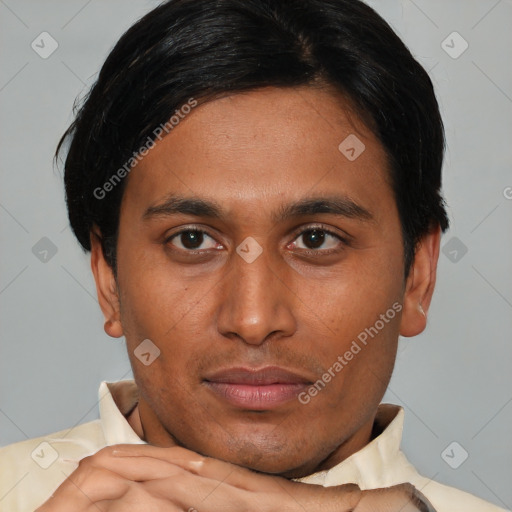 Neutral asian young-adult male with short  black hair and brown eyes