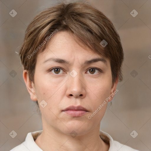 Neutral white young-adult female with short  brown hair and brown eyes