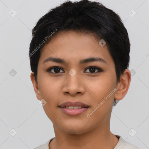 Joyful asian young-adult female with short  black hair and brown eyes