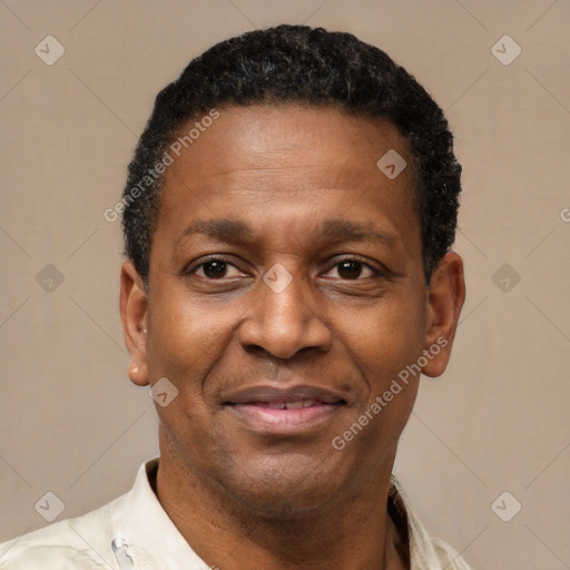 Joyful latino adult male with short  black hair and brown eyes