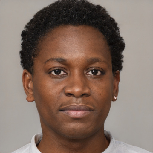 Neutral black young-adult female with short  brown hair and brown eyes