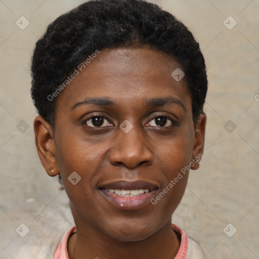 Joyful black young-adult female with short  black hair and brown eyes