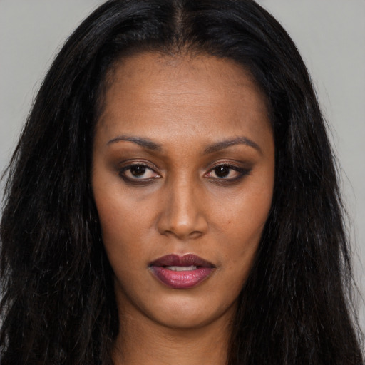 Neutral asian young-adult female with long  brown hair and brown eyes