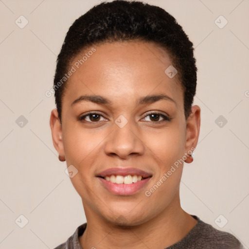 Joyful white young-adult female with short  black hair and brown eyes