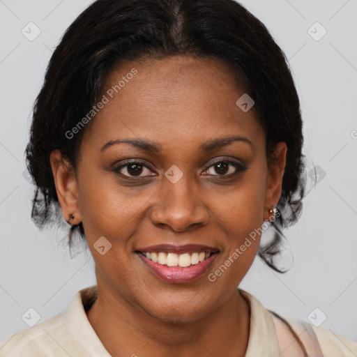 Joyful black young-adult female with medium  brown hair and brown eyes