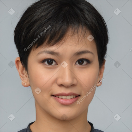 Joyful asian young-adult female with short  brown hair and brown eyes