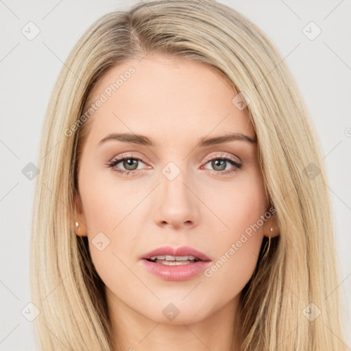 Neutral white young-adult female with long  brown hair and brown eyes