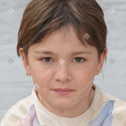 Joyful white child female with short  brown hair and brown eyes