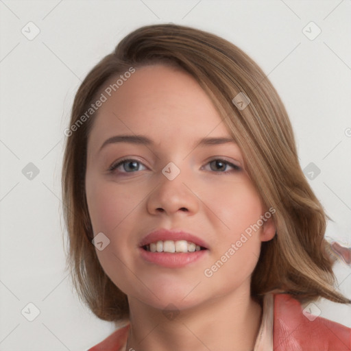 Joyful white young-adult female with medium  brown hair and blue eyes