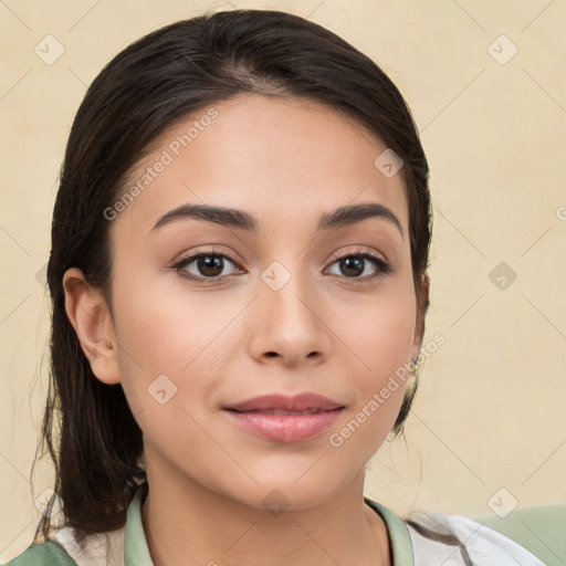 Joyful white young-adult female with medium  brown hair and brown eyes