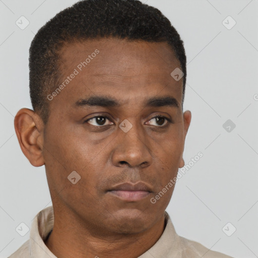 Neutral black young-adult male with short  brown hair and brown eyes