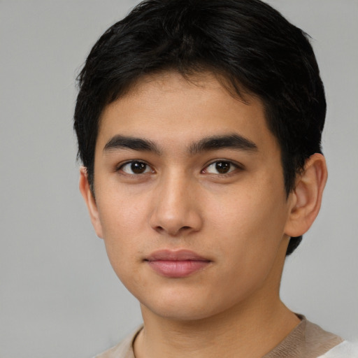 Neutral asian young-adult male with short  brown hair and brown eyes