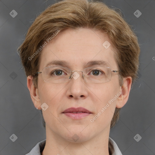 Joyful white adult male with short  brown hair and grey eyes