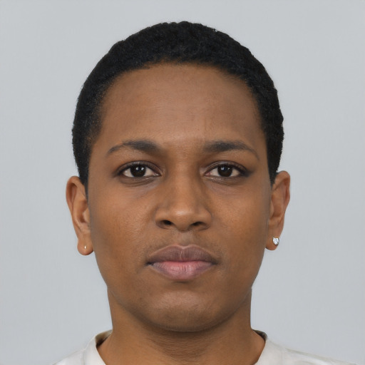 Neutral black young-adult female with short  black hair and brown eyes