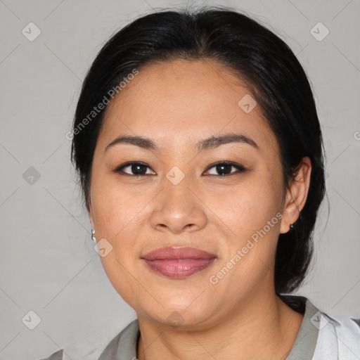 Joyful asian young-adult female with medium  brown hair and brown eyes