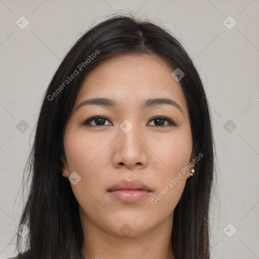 Neutral asian young-adult female with long  brown hair and brown eyes